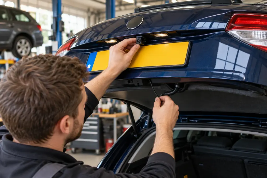 Achteruitrijcamera wordt boven de kentekenplaat van een Kia Ceed gemonteerd voor een klant uit Zoetermeer