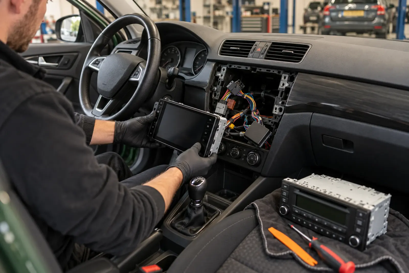 Inbouw van een Android Auto-autoradio in een Audi A3 uit Zoetermeer: de oude radio ligt naast de nieuwe