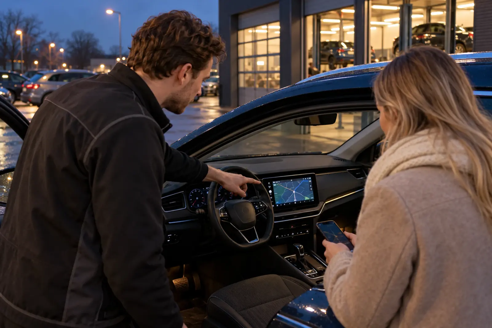 Monteur van de inbouwpartner legt de bediening van het nieuwe CarPlay-scherm uit aan een klant uit Zoetermeer
