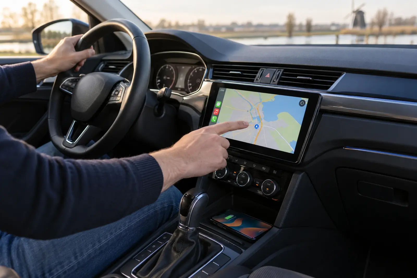 Navigatie op een ingebouwd CarPlay-scherm in een Kia Ceed van een klant uit Zoetermeer