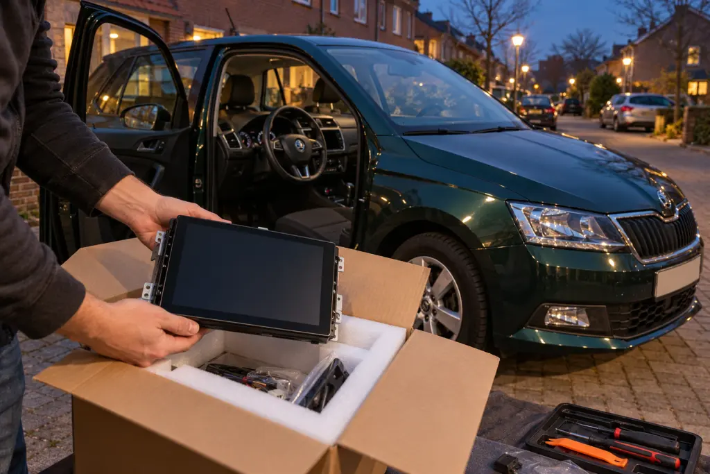 Nieuw CarPlay-touchscreen wordt uitgepakt voor de Audi A3 van een klant uit Zoetermeer