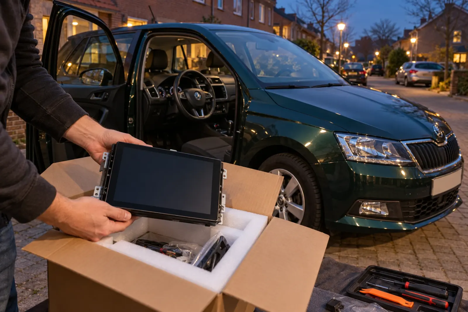 Nieuw CarPlay-touchscreen wordt uitgepakt naast de Audi A3 van een klant uit Zoetermeer
