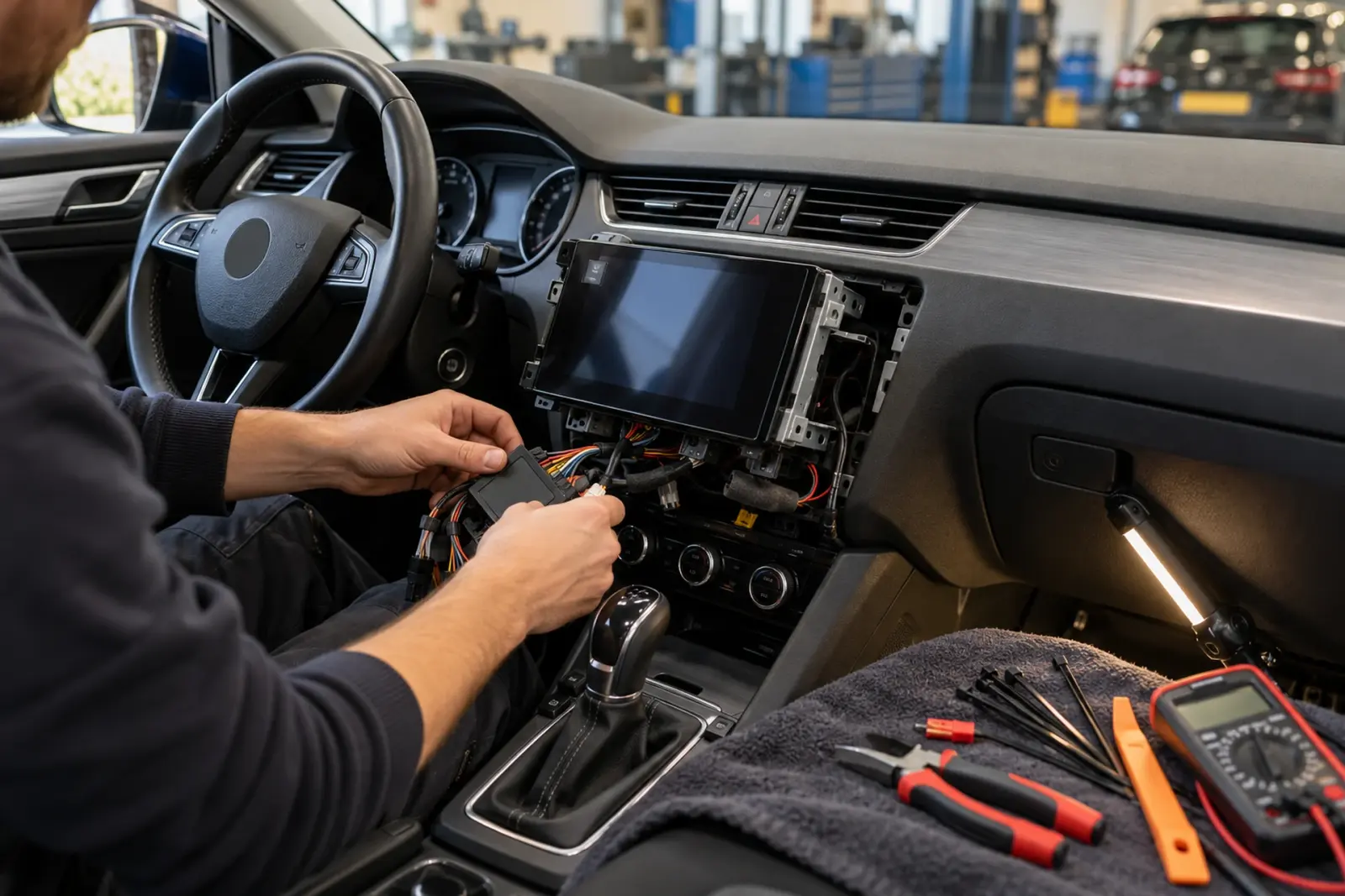 Stuurwielinterface wordt aangesloten tijdens de inbouw van een CarPlay-scherm in een Kia Ceed uit Zoetermeer