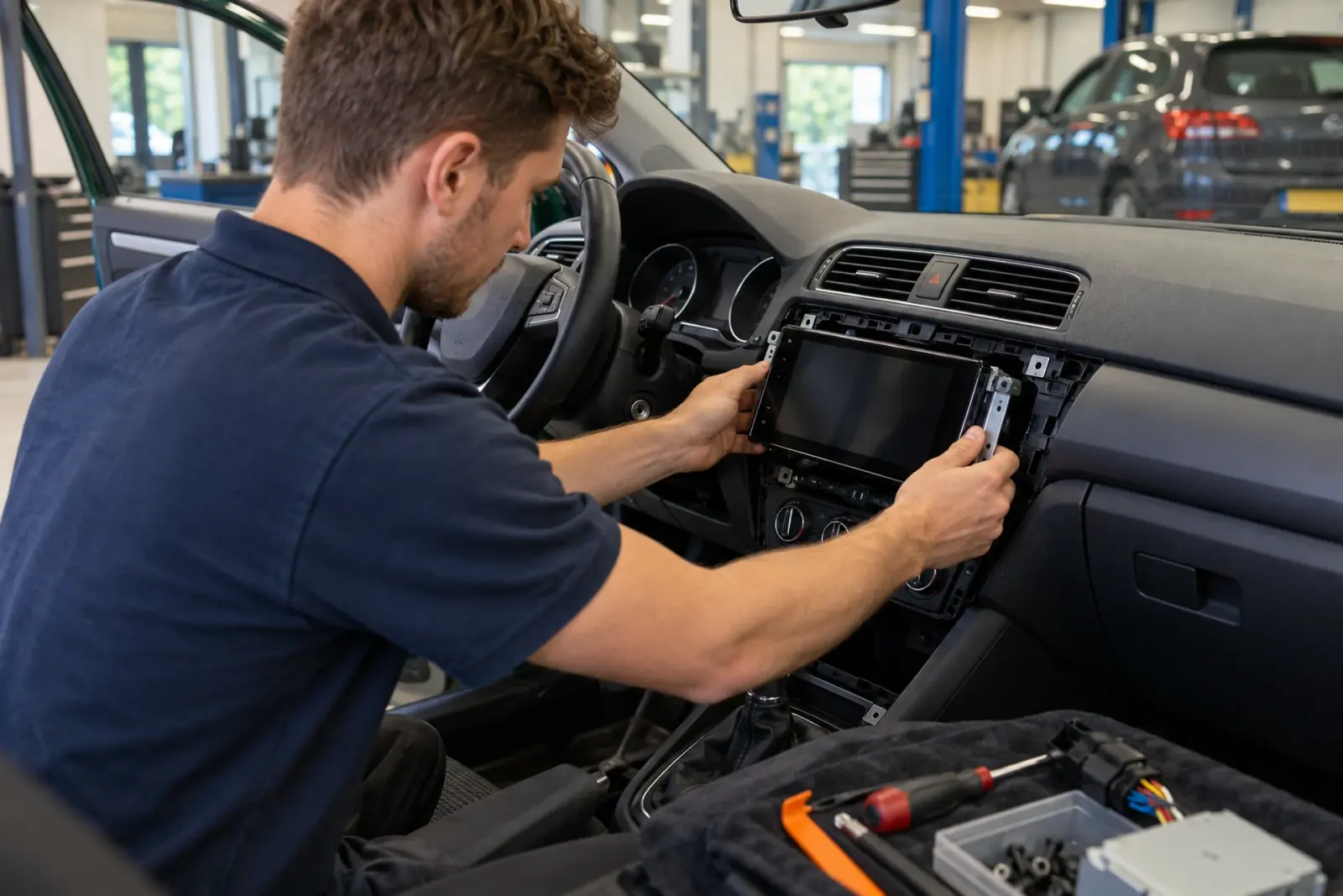 Monteur van de inbouwpartner plaatst een CarPlay-scherm in het dashboard van een Audi A3 uit Zoetermeer
