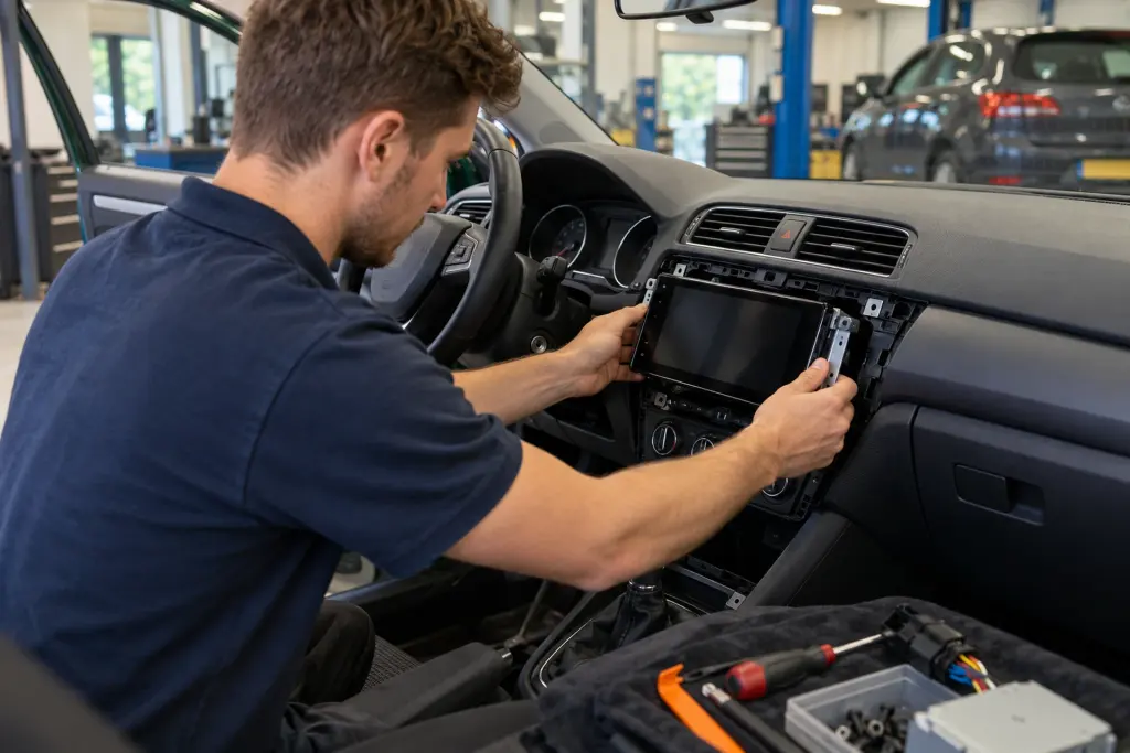 Monteur plaatst een CarPlay-scherm in het dashboard van een Audi A3 in de werkplaats van de inbouwpartner voor regio Zoetermeer